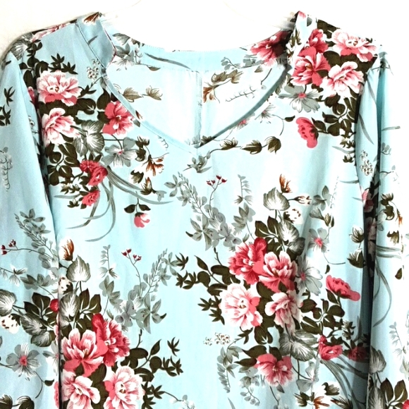 Fashion Light Blue Floral Waist Tie Long Sleeve Dress - Picture 3 of 5